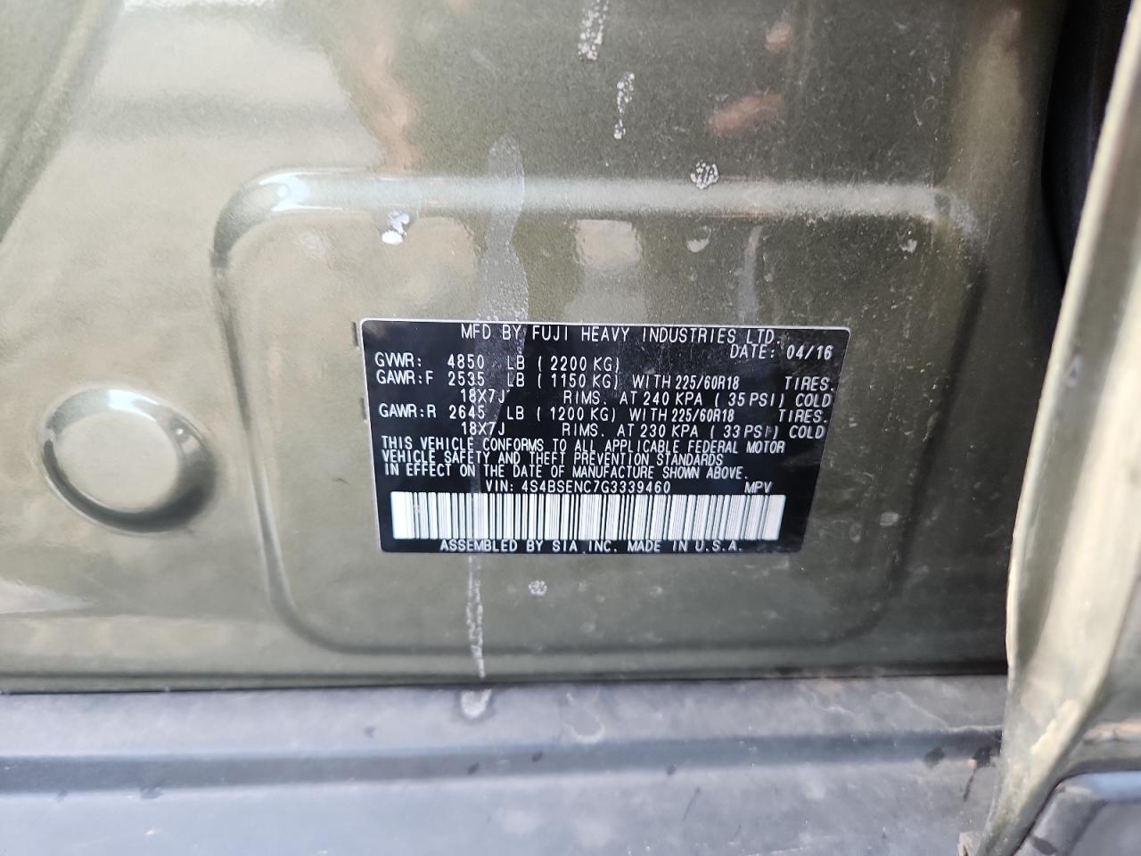 2016 Subaru Outback 3.6R Limited VIN: 4S4BSENC7G3339460 Lot: 65808955