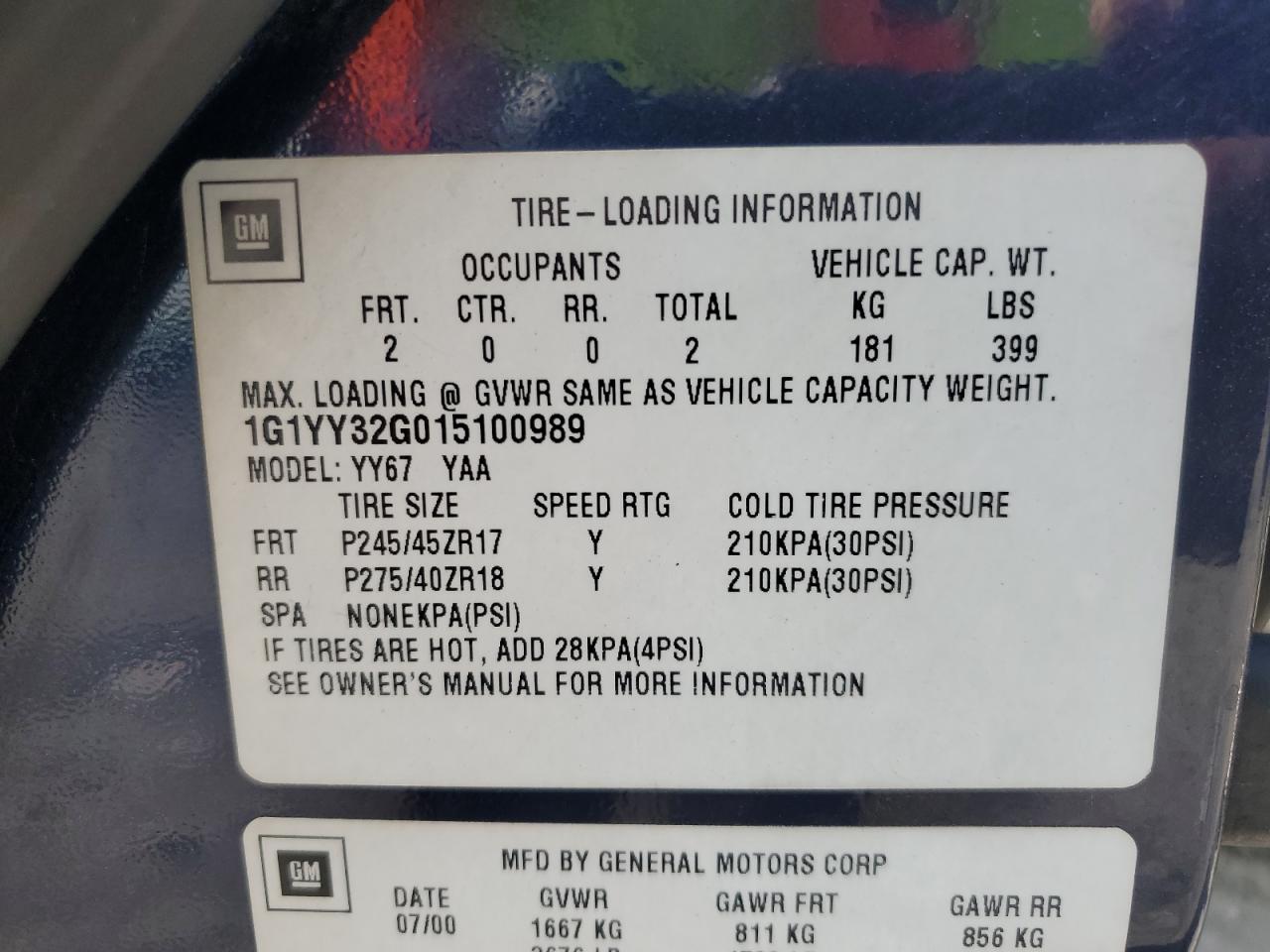 1g1yy32g015100989 1G1YY32G015100989 2001 Chevrolet Corvette