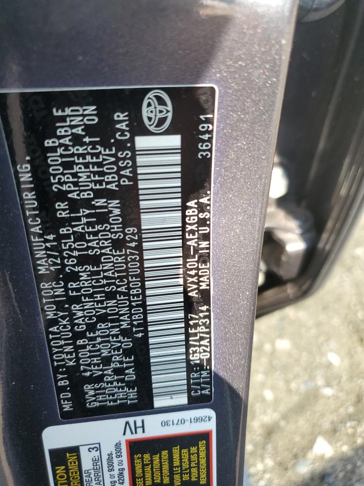 2015 Toyota Avalon Hybrid VIN: 4T1BD1EB0FU037429 Lot: 63572525