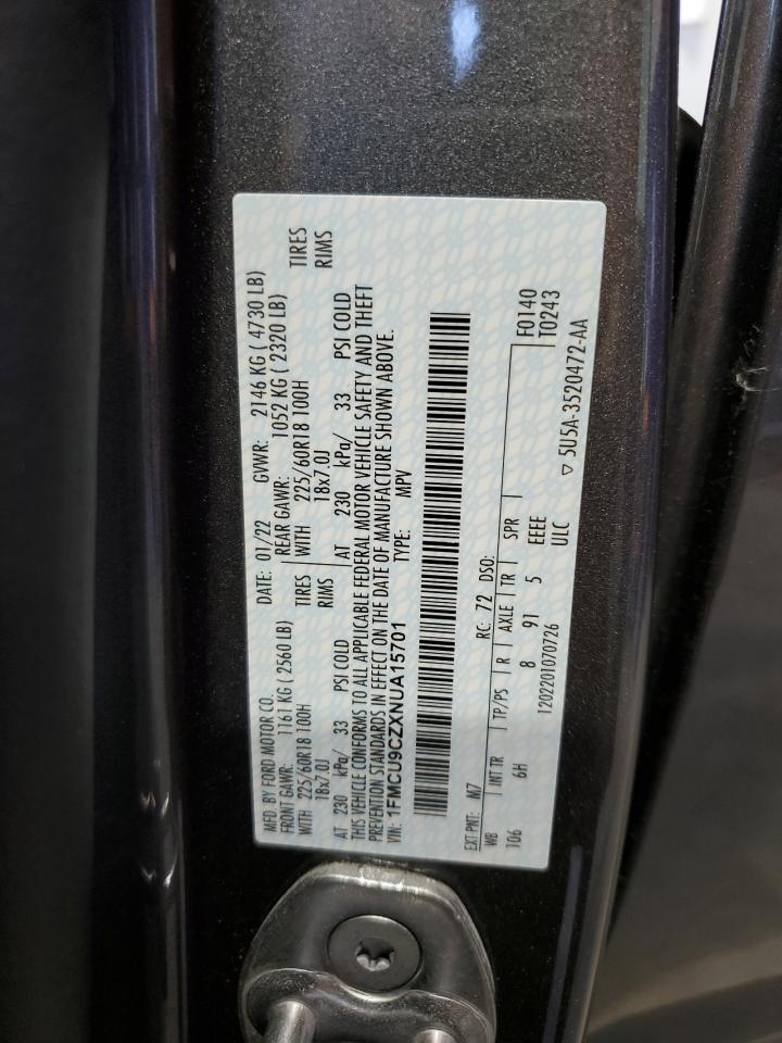 2022 Ford Escape Sel VIN: 1FMCU9CZXNUA15701 Lot: 64240985