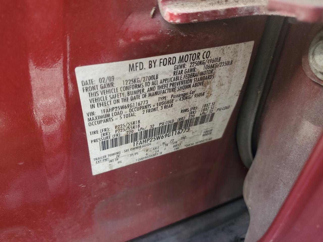 2009 Ford Taurus Limited VIN: 1FAHP25W69G116773 Lot: 64548815