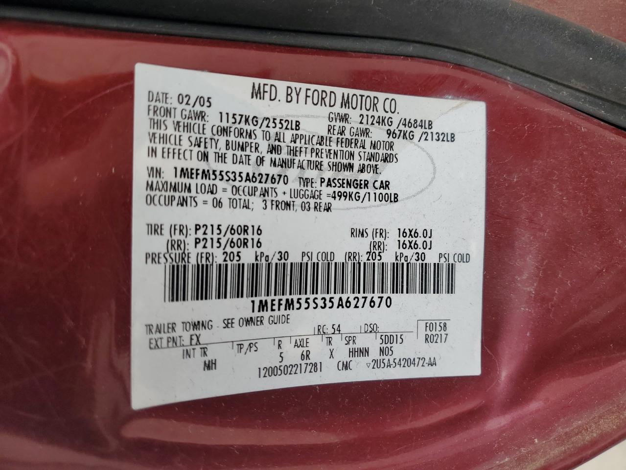2005 Mercury Sable Ls Premium VIN: 1MEFM55S35A627670 Lot: 64273775