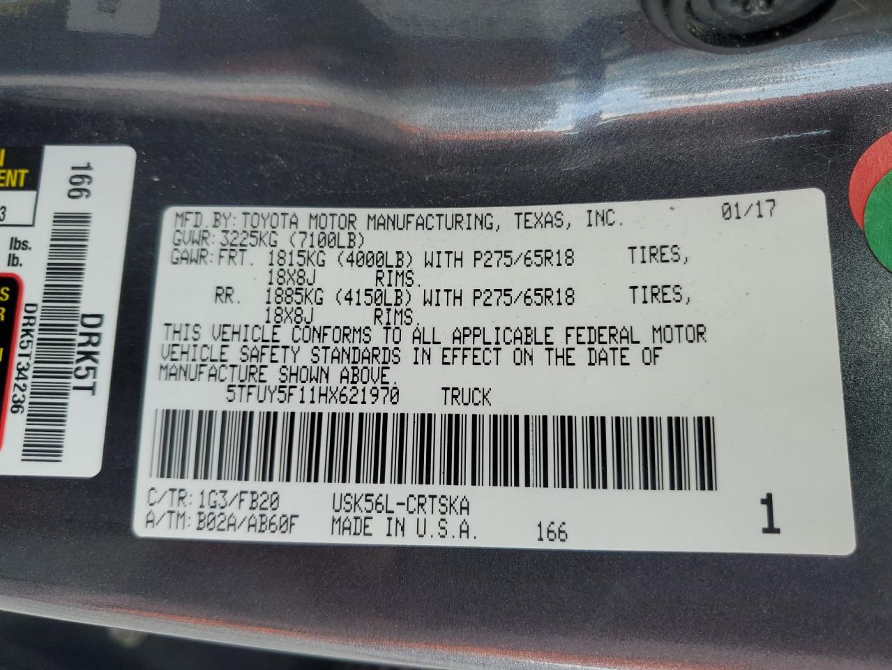 2017 Toyota Tundra Double Cab Sr VIN: 5TFUY5F11HX621970 Lot: 63328315