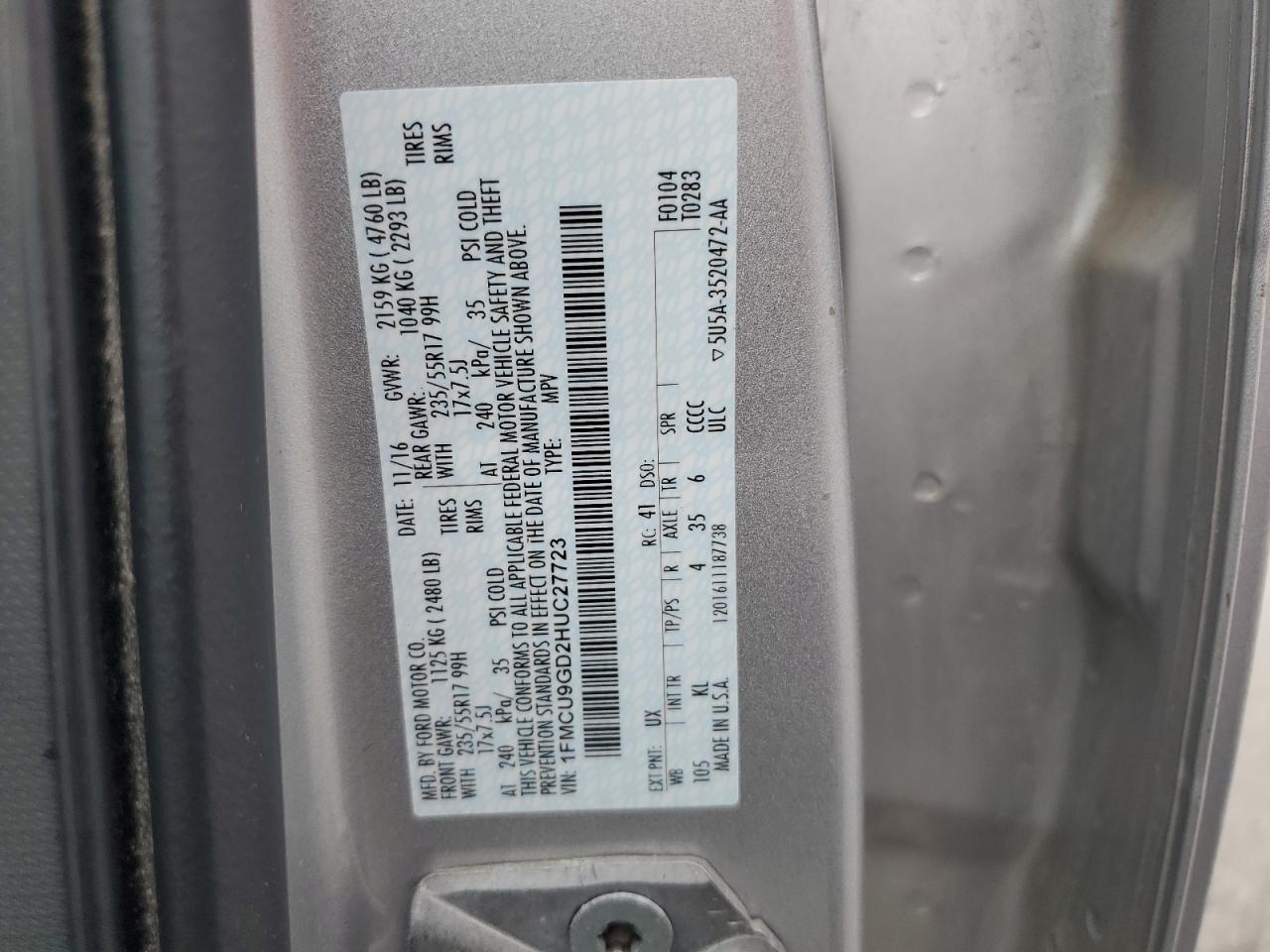 2017 Ford Escape Se VIN: 1FMCU9GD2HUC27723 Lot: 64437145