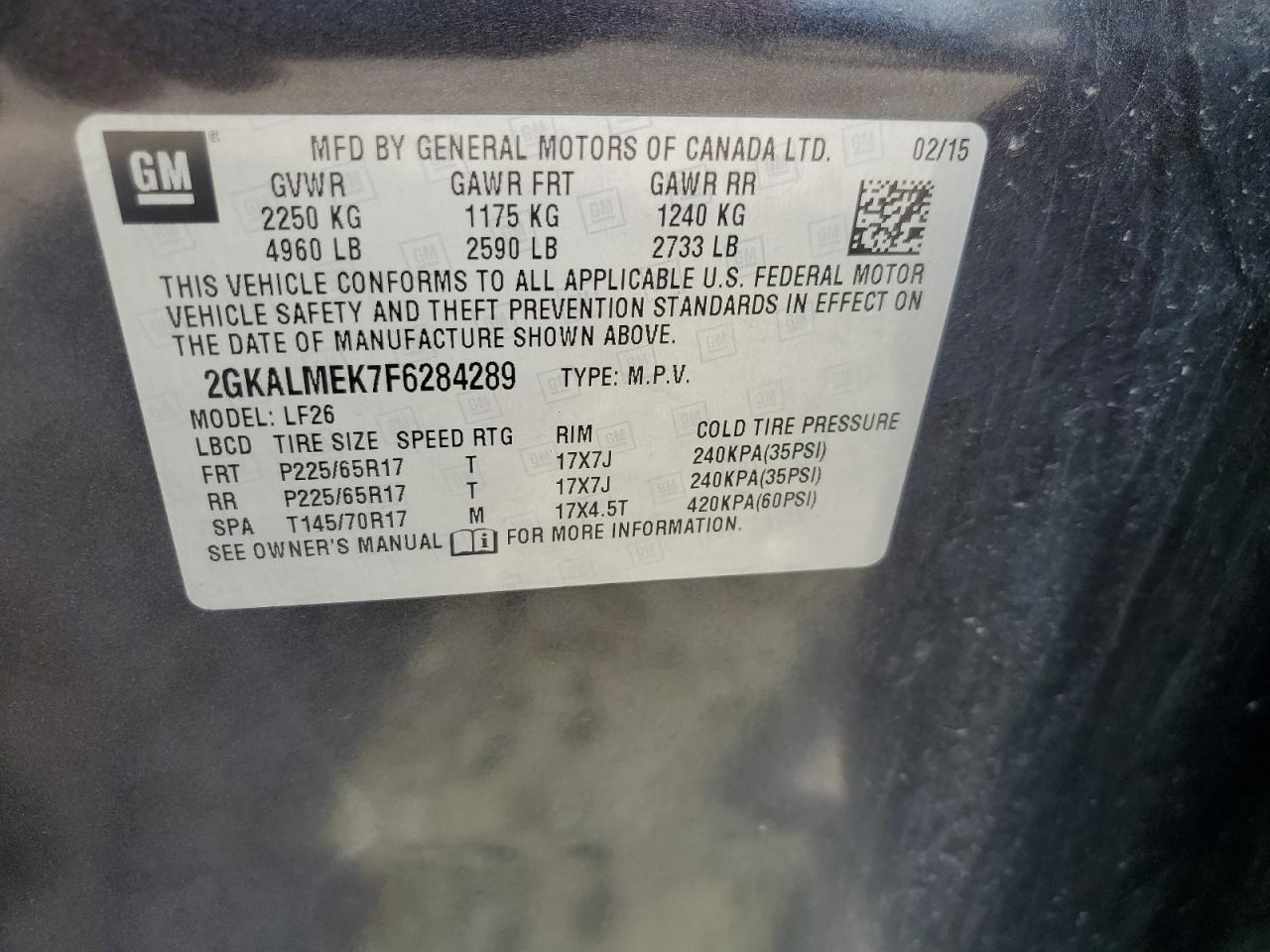 2015 GMC Terrain Sle VIN: 2GKALMEK7F6284289 Lot: 63662045