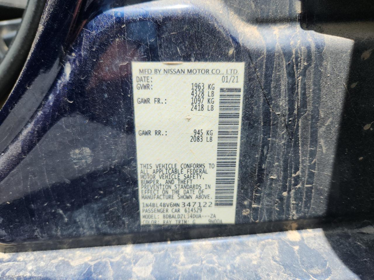 2021 Nissan Altima S VIN: 1N4BL4BV6MN347122 Lot: 63326585