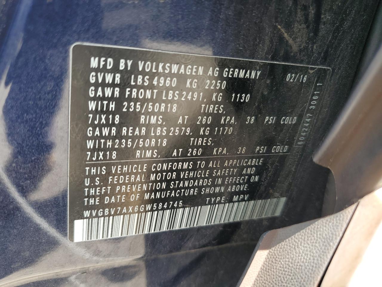 2016 Volkswagen Tiguan S VIN: WVGBV7AX6GW584745 Lot: 64287415