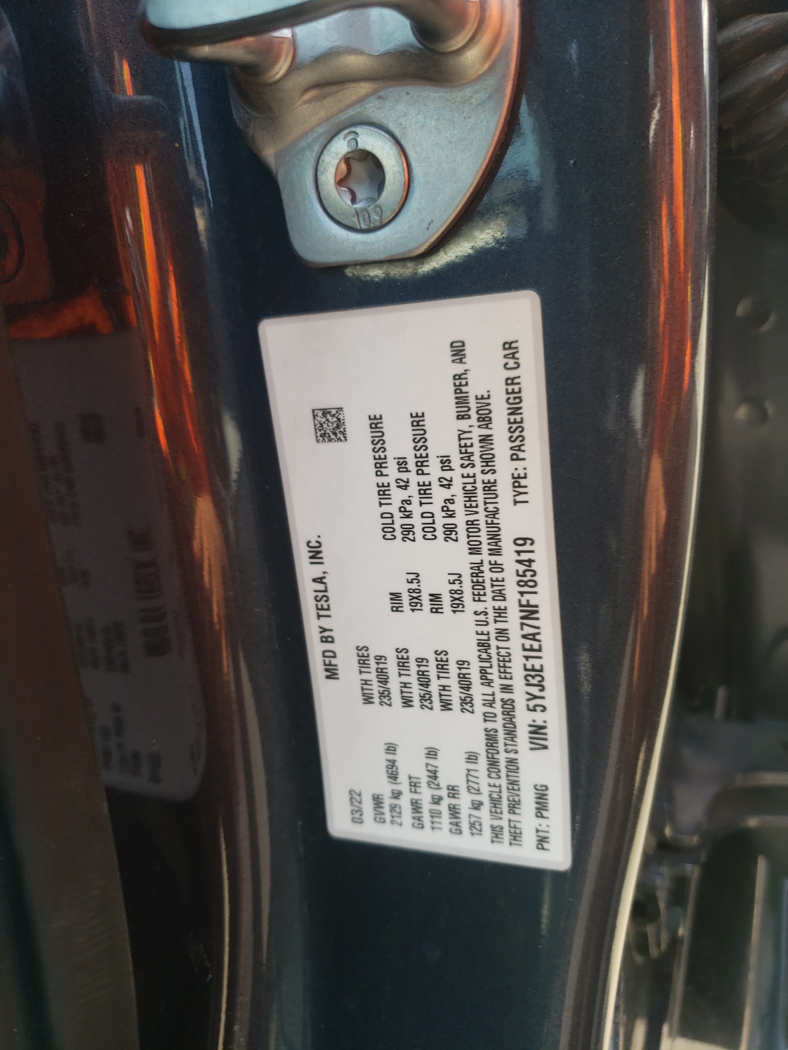 5YJ3E1EA7NF185419 2022 Tesla Model 3