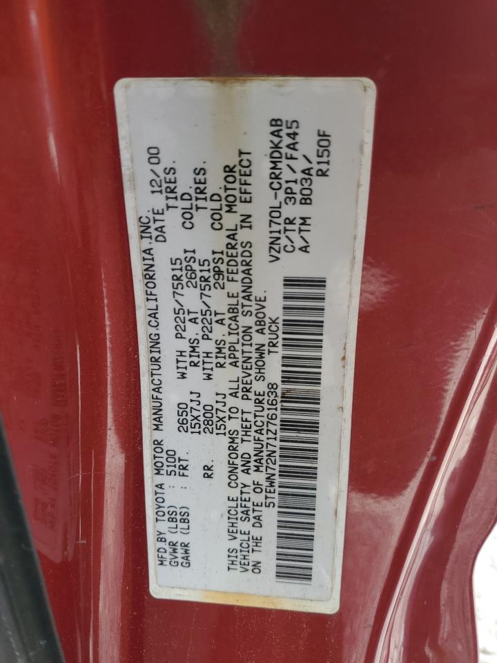 2001 Toyota Tacoma Xtracab VIN: 5TEWN72N71Z761638 Lot: 63328643