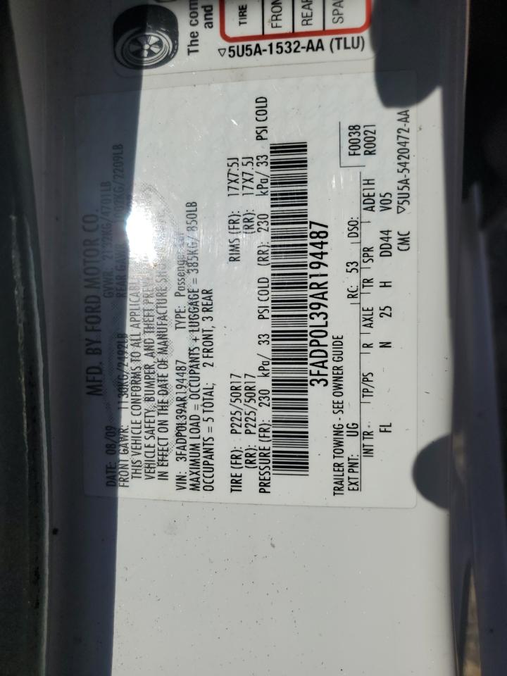 2010 Ford Fusion Hybrid VIN: 3FADP0L39AR194487 Lot: 67226093