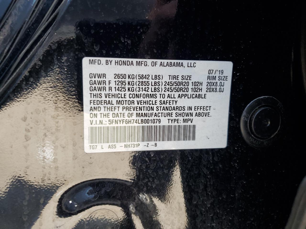 2020 Honda Pilot Black VIN: 5FNYF6H74LB001079 Lot: 65338203