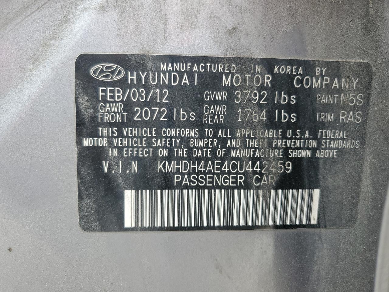 2012 Hyundai Elantra Gls VIN: KMHDH4AE4CU442459 Lot: 64952853