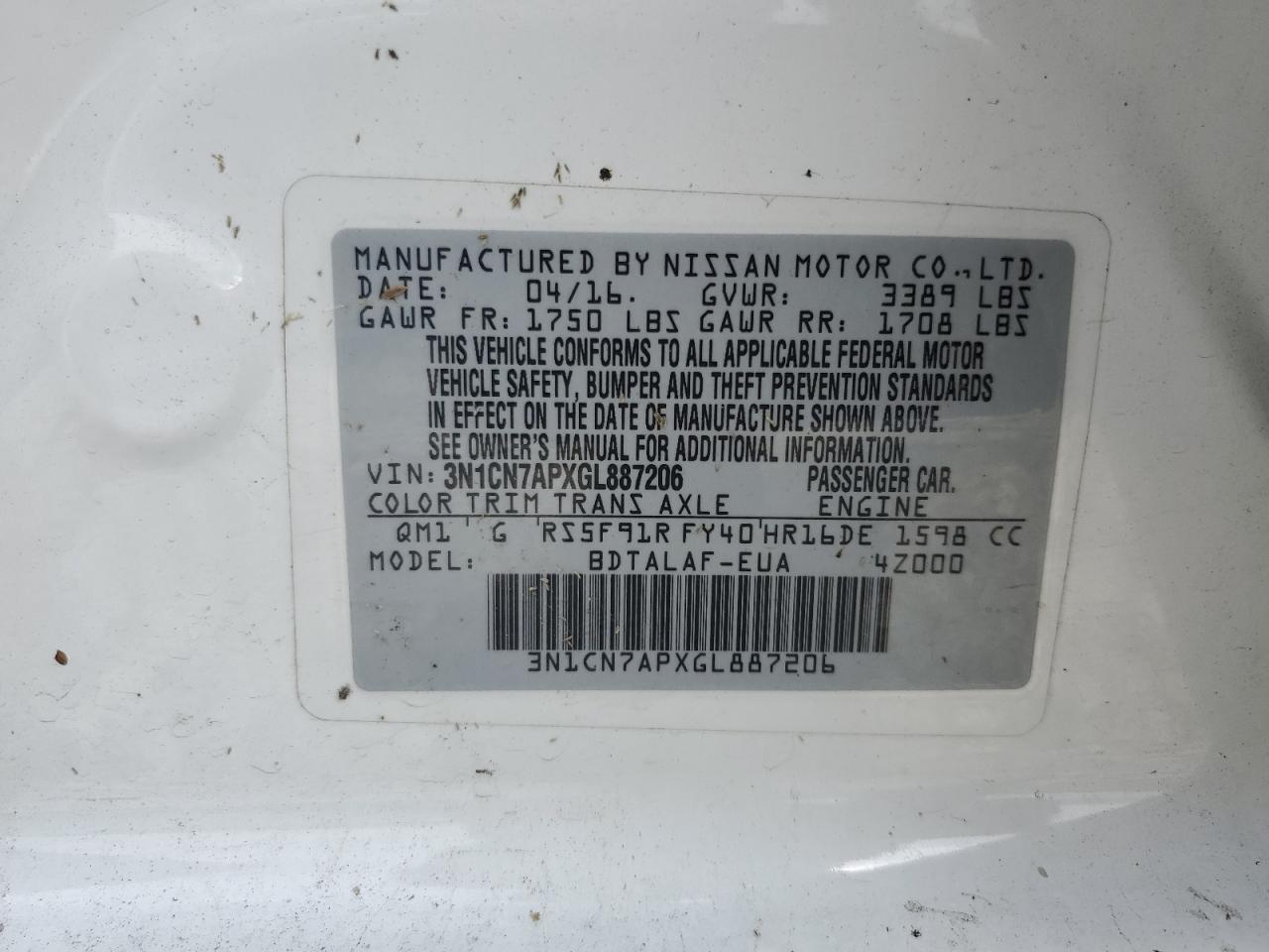 2016 Nissan Versa S VIN: 3N1CN7APXGL887206 Lot: 74675103