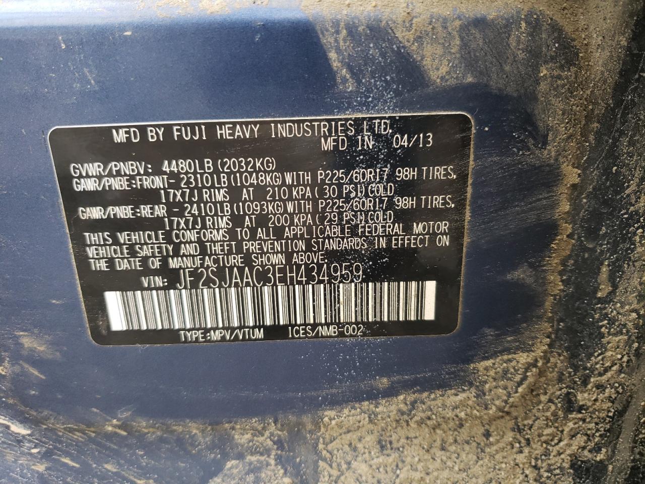 2014 Subaru Forester 2.5I VIN: JF2SJAAC3EH434959 Lot: 62901383