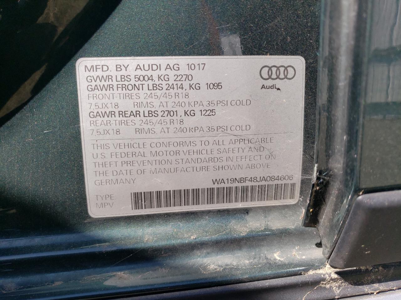 2018 Audi A4 Allroad Prestige VIN: WA19NBF48JA084606 Lot: 65646883