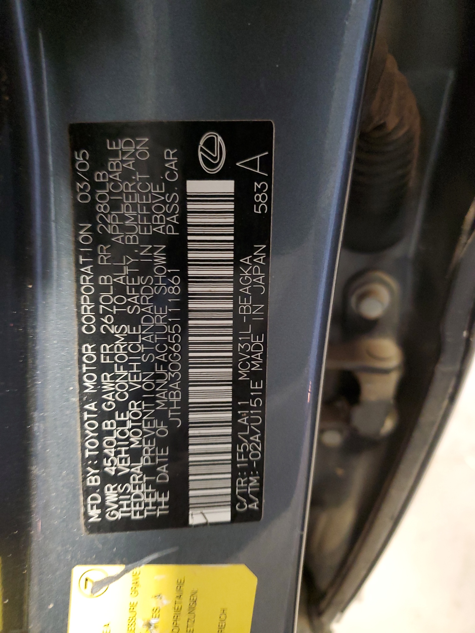 JTHBA30G655111861 2005 Lexus Es 330