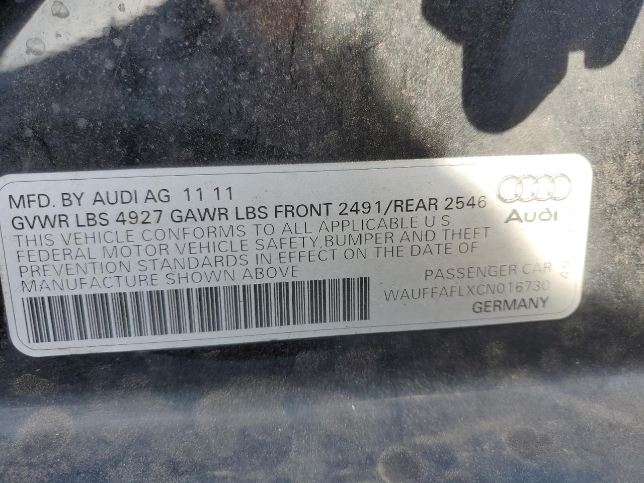 2012 Audi A4 Premium Plus VIN: WAUFFAFLXCN016730 Lot: 50601974