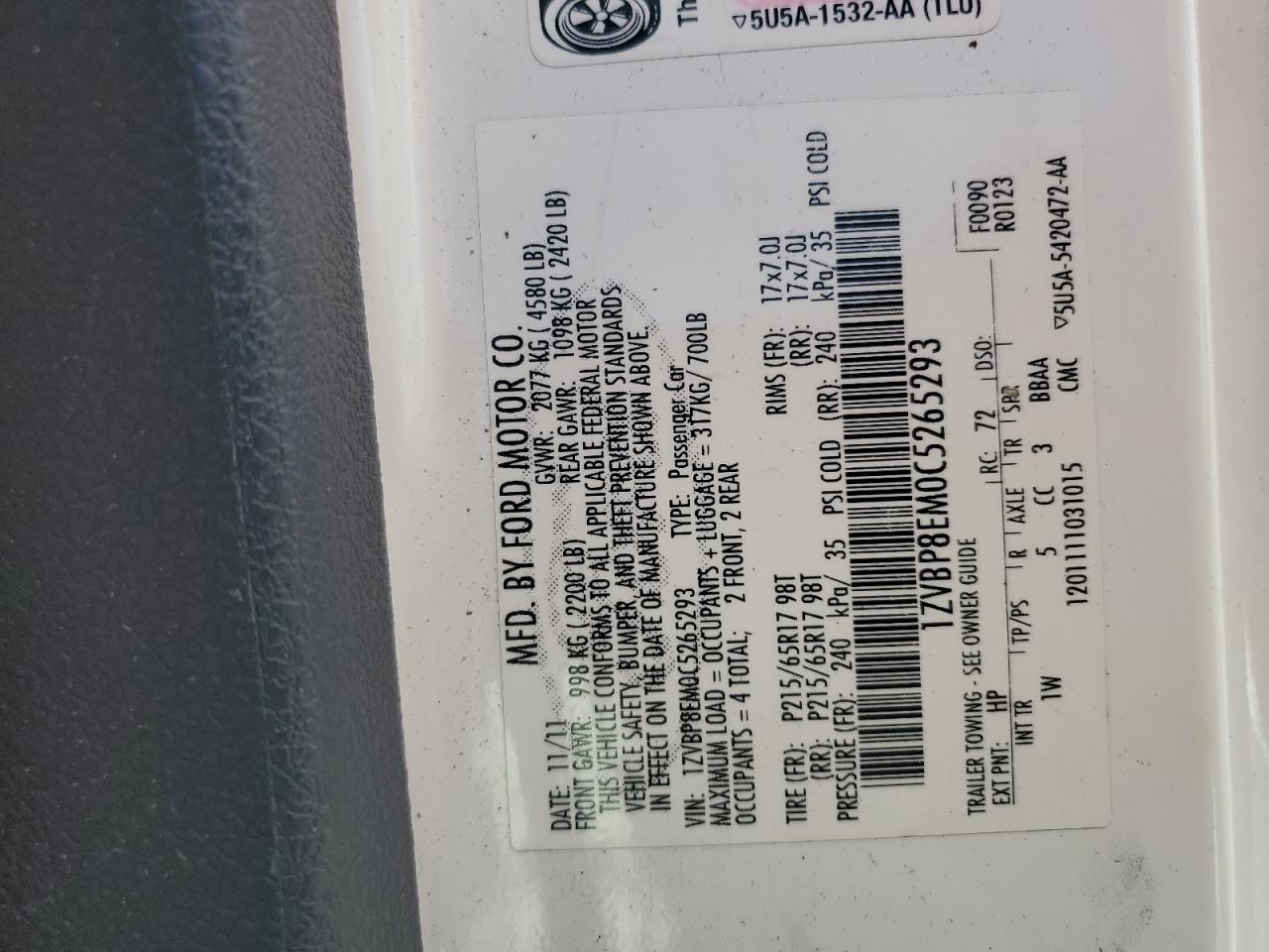 2012 Ford Mustang VIN: 1ZVBP8EM0C5265293 Lot: 65225793
