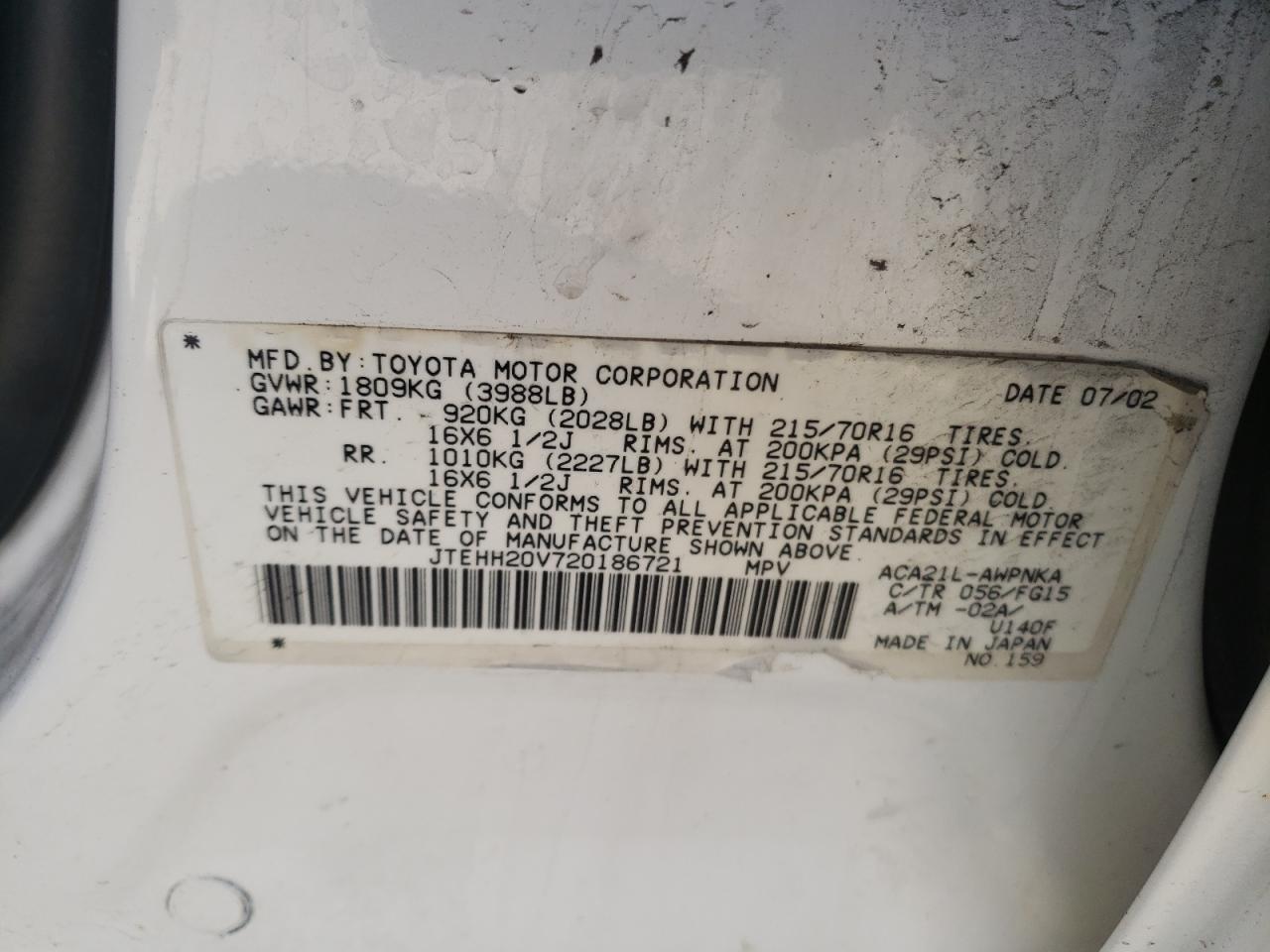 2002 Toyota Rav4 VIN: JTEHH20V720186721 Lot: 80749525