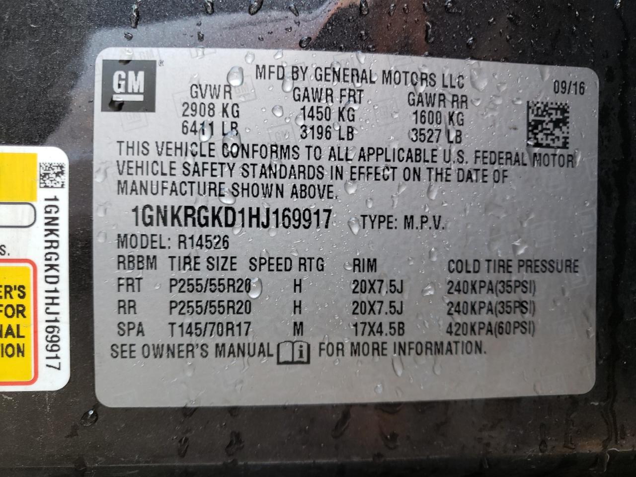 2017 Chevrolet Traverse Lt VIN: 1GNKRGKD1HJ169917 Lot: 63347153