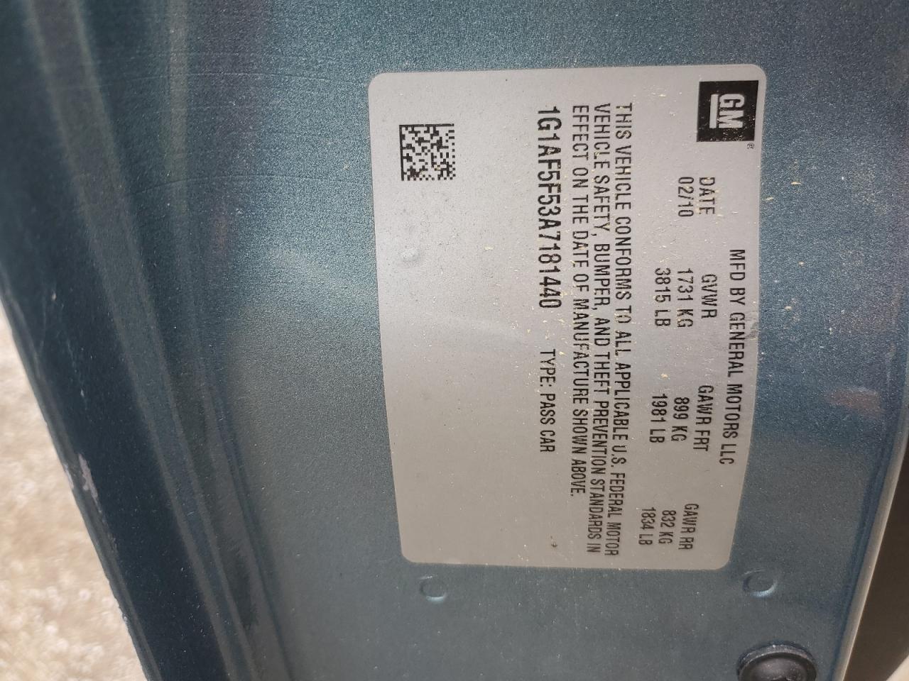 2010 Chevrolet Cobalt 2Lt VIN: 1G1AF5F53A7181440 Lot: 62620523