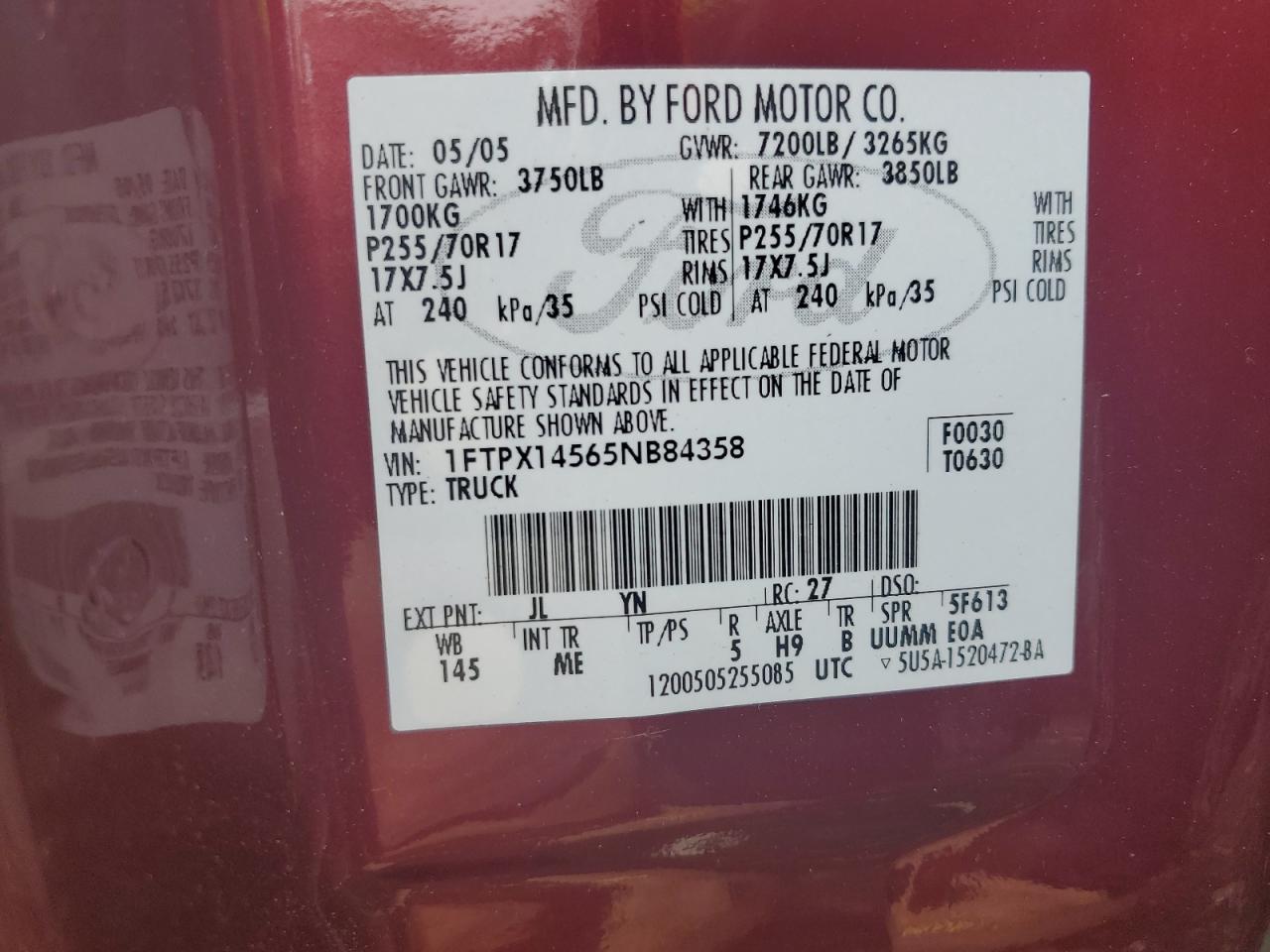 2005 Ford F150 VIN: 1FTPX14565NB84358 Lot: 70084224