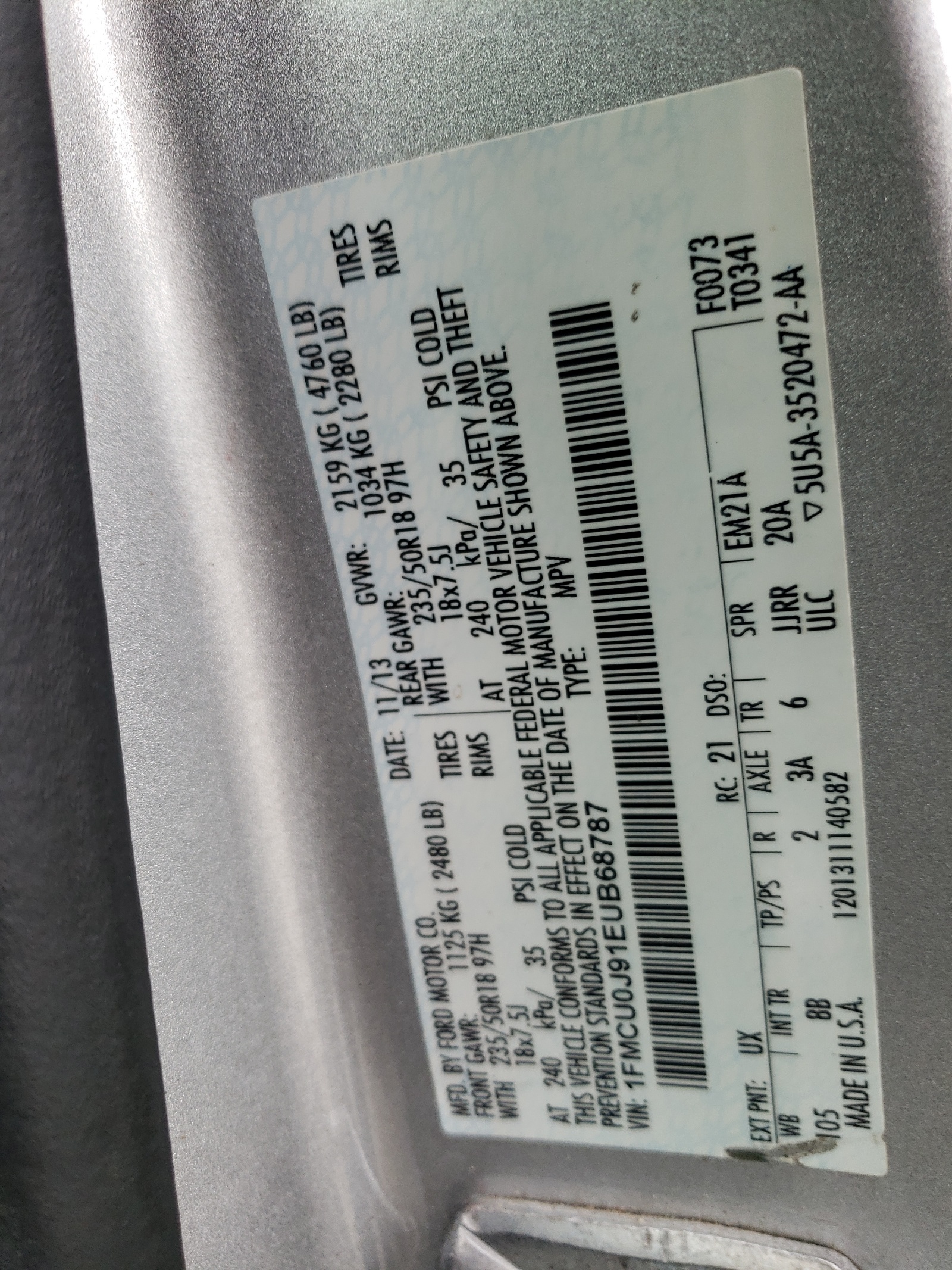 1FMCU0J91EUB68787 2014 Ford Escape Titanium