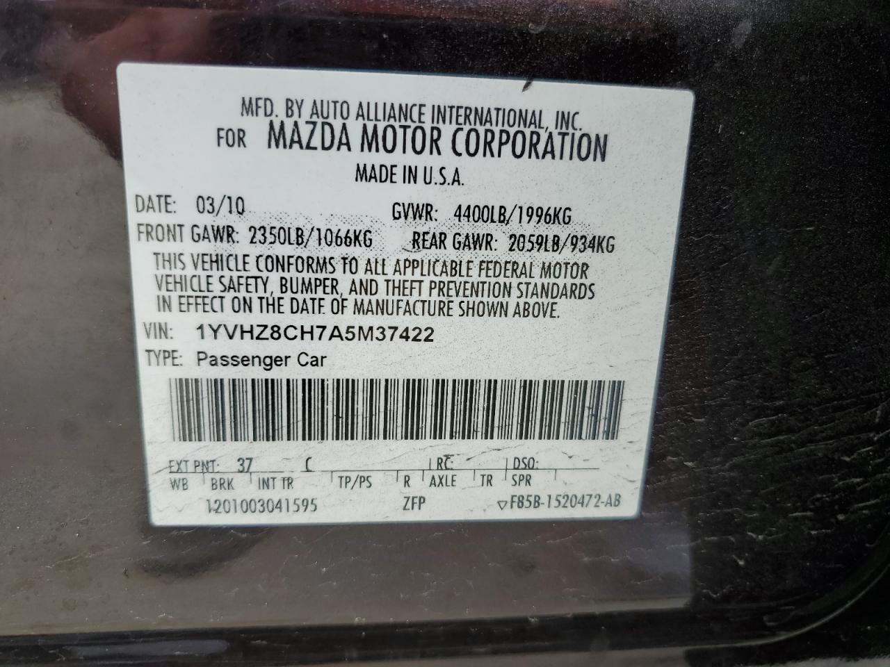 2010 Mazda 6 I VIN: 1YVHZ8CH7A5M37422 Lot: 64658423