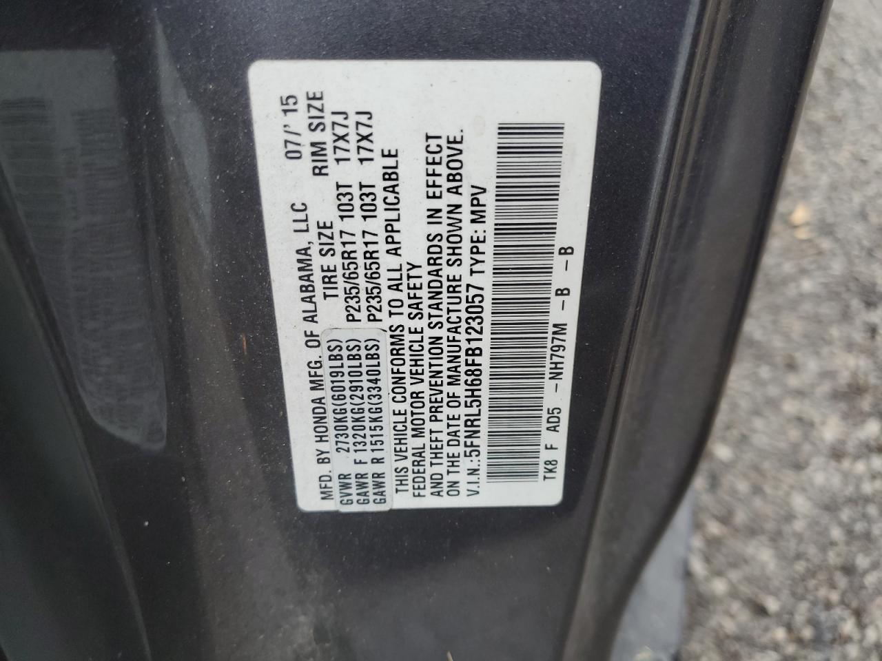 5FNRL5H68FB123057 2015 Honda Odyssey Exl