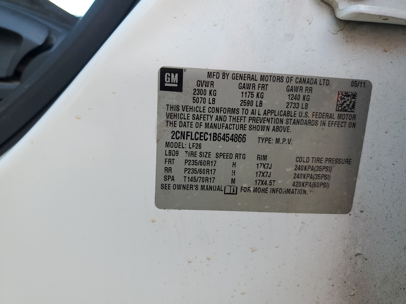 2CNFLCEC1B6454866 2011 Chevrolet Equinox Ls