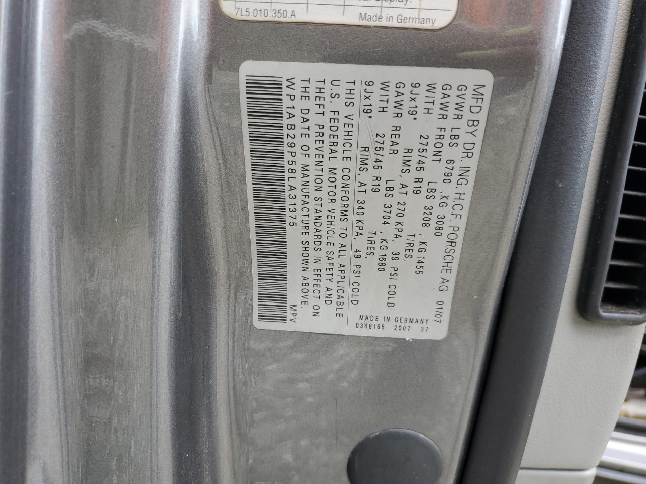 2008 Porsche Cayenne S VIN: WP1AB29P58LA31375 Lot: 92651815