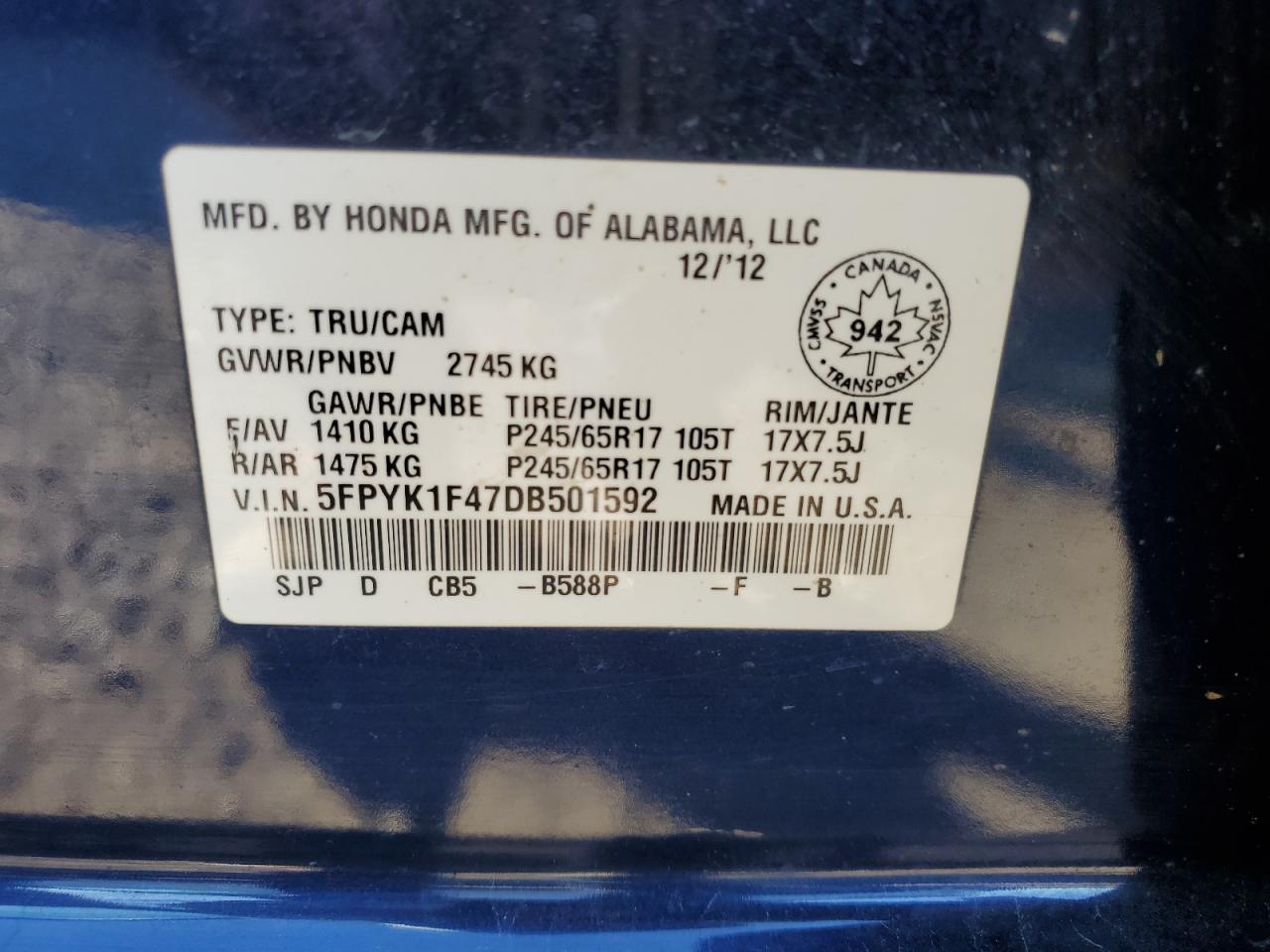 5FPYK1F47DB501592 2013 Honda Ridgeline Rts