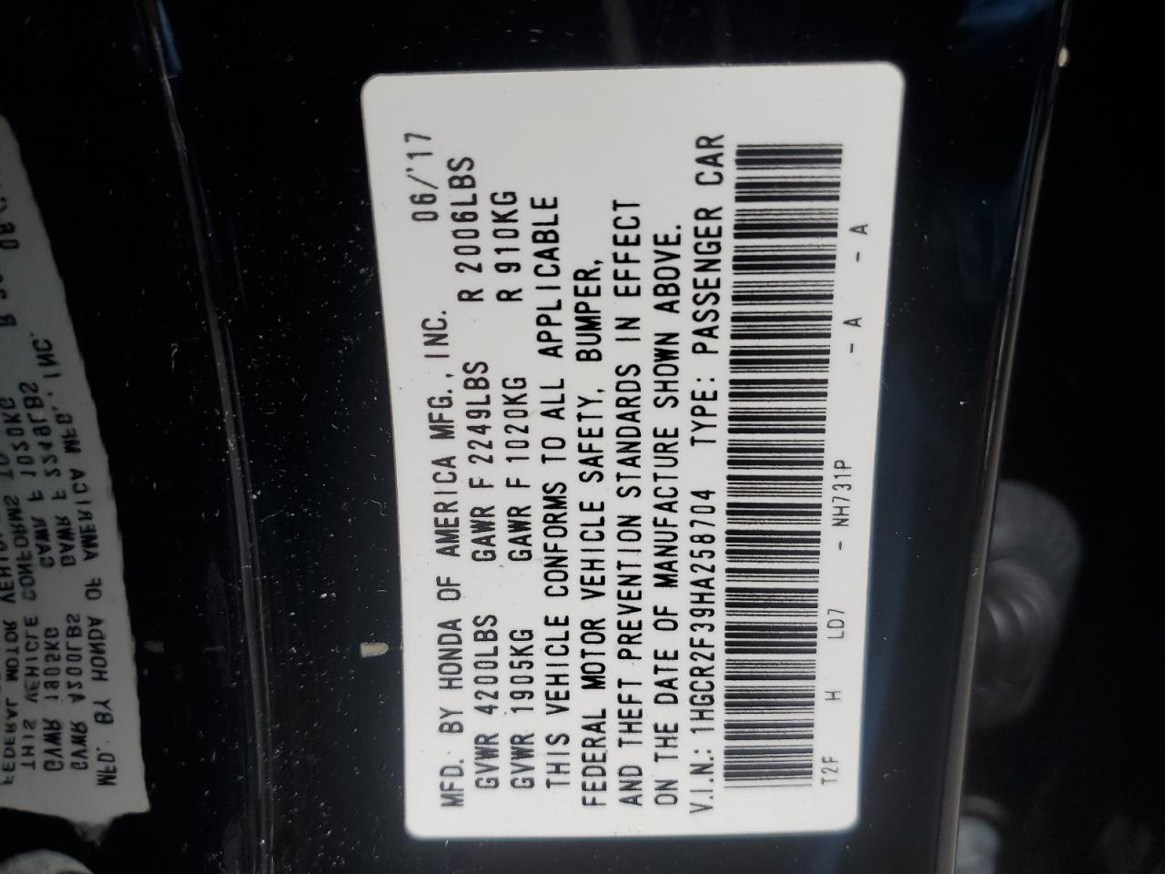 1HGCR2F39HA258704 2017 Honda Accord Lx