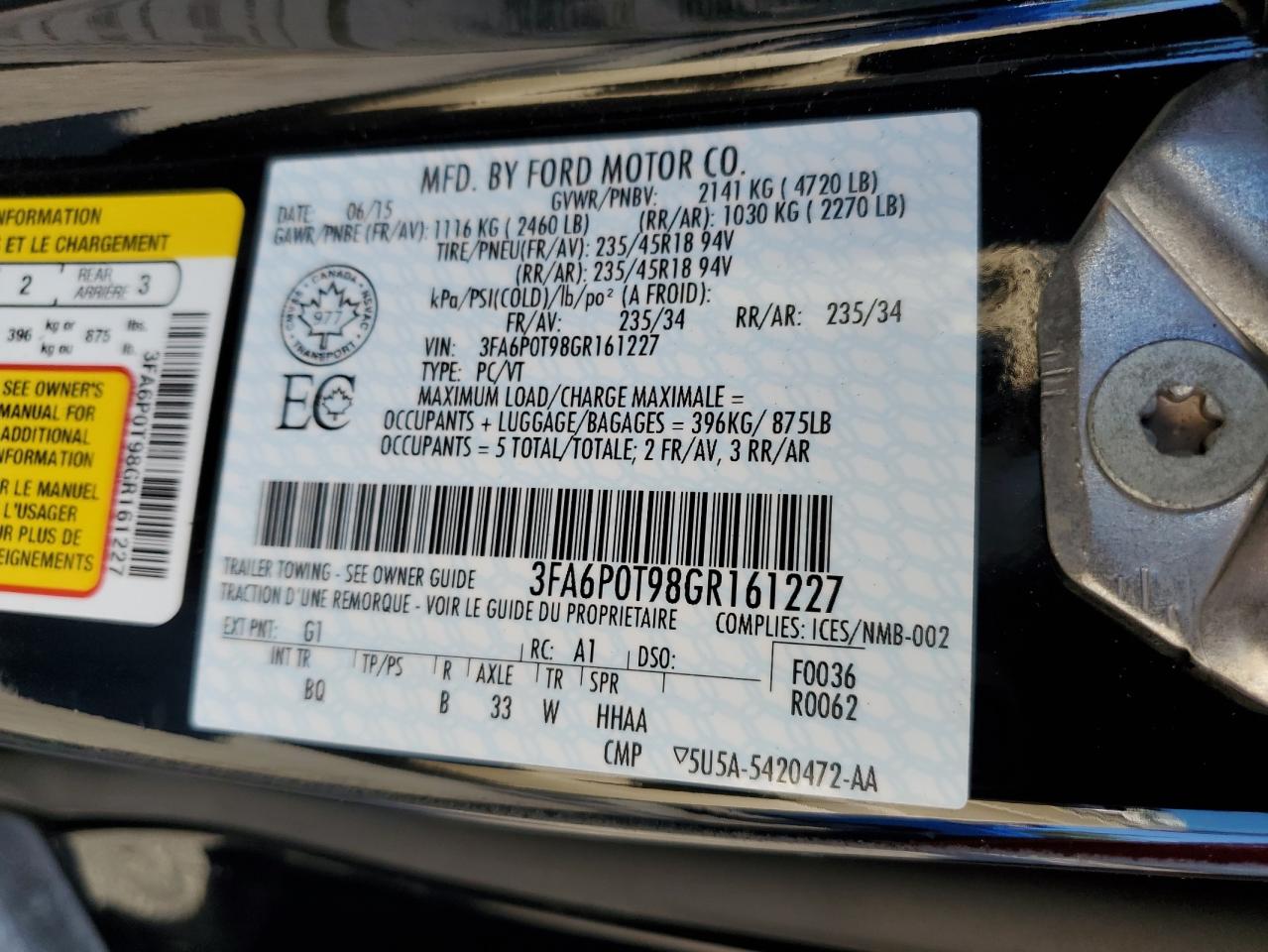 2016 Ford Fusion Se VIN: 3FA6P0T98GR161227 Lot: 65493853