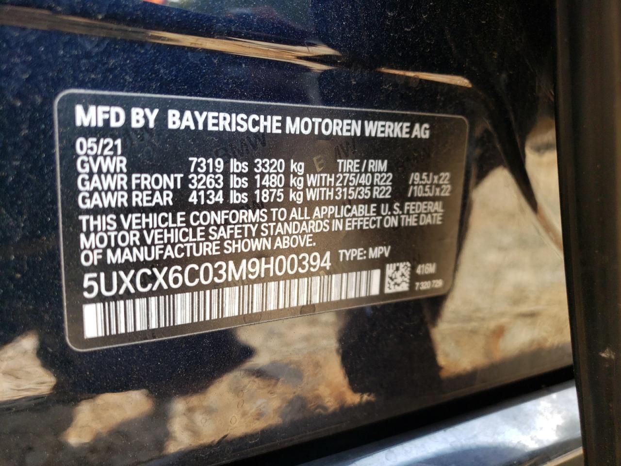 2021 BMW X7 M50I VIN: 5UXCX6C03M9H00394 Lot: 65476993