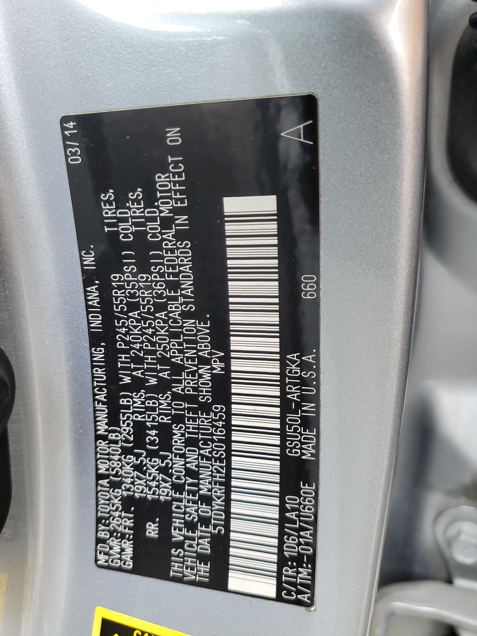 5TDYKRFH2ES016459 2014 Toyota Highlander Limited