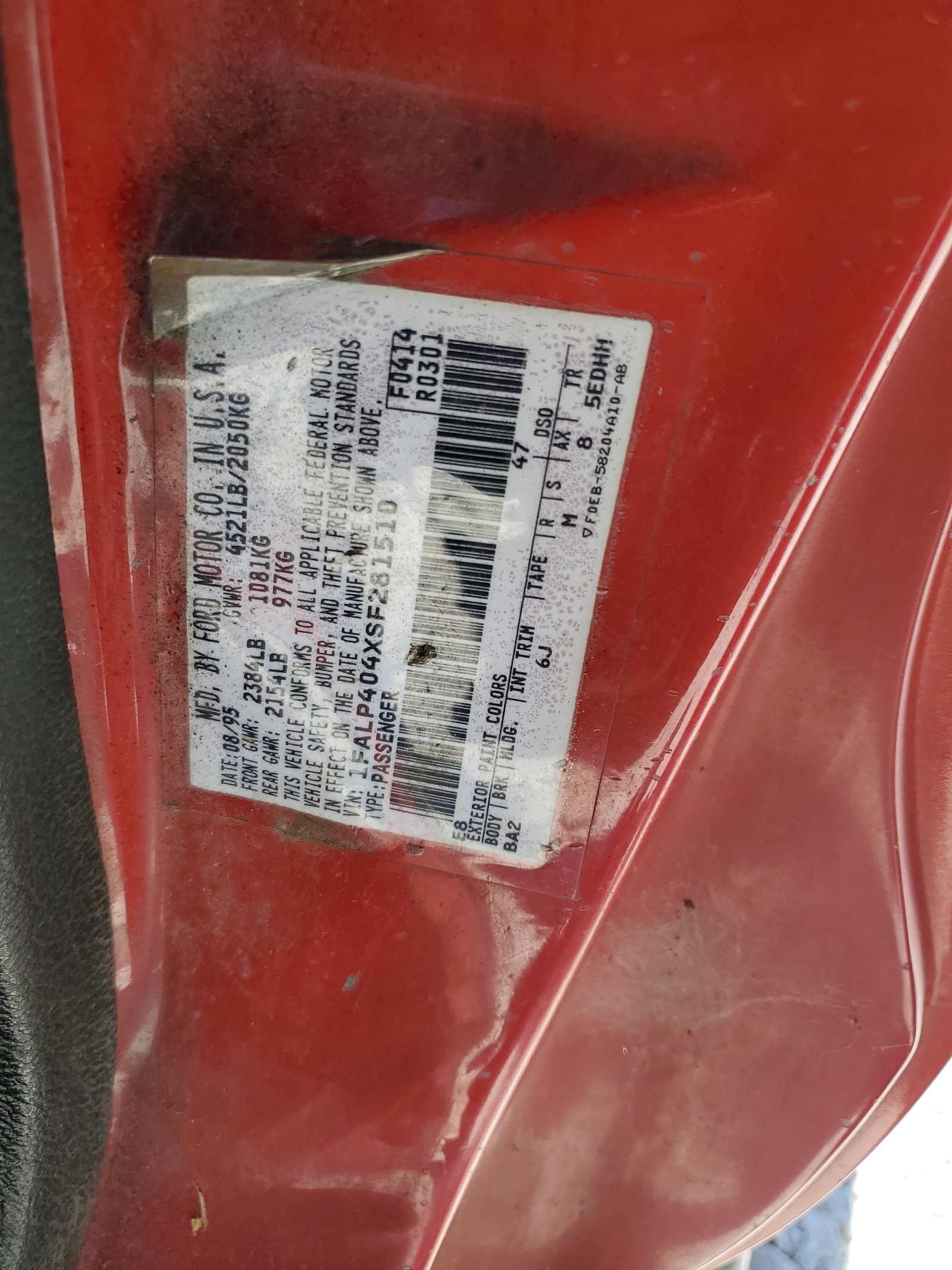 1FALP404XSF281510 1995 Ford Mustang