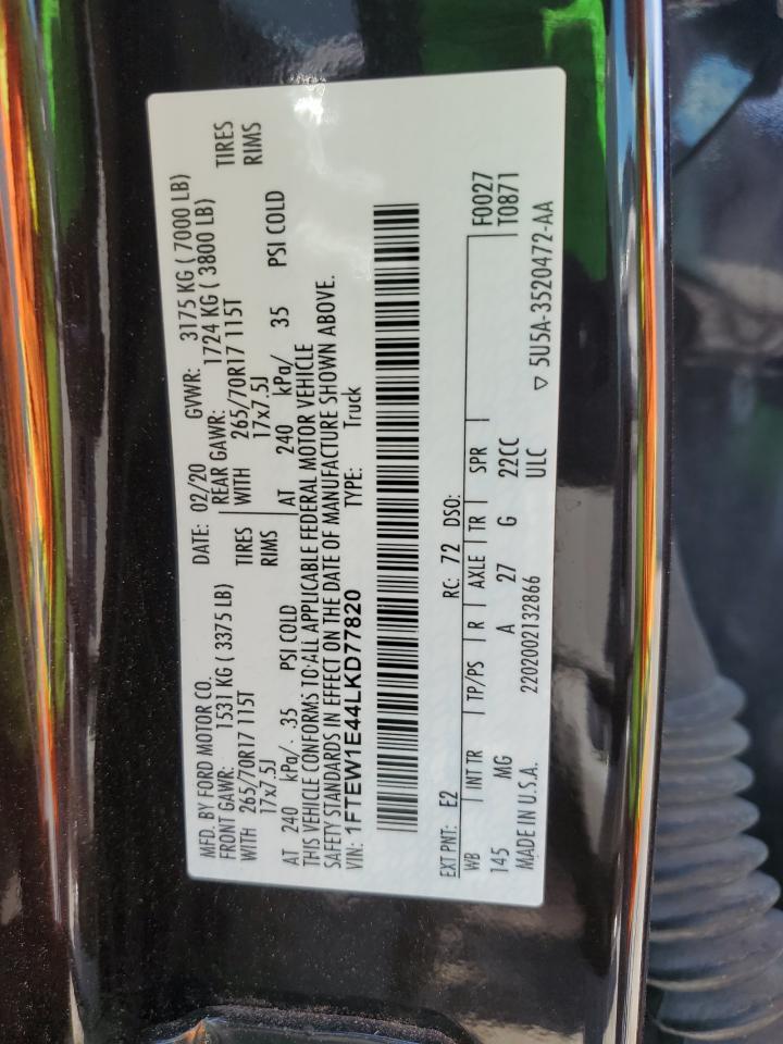 2020 Ford F150 Supercrew VIN: 1FTEW1E44LKD77820 Lot: 88283465