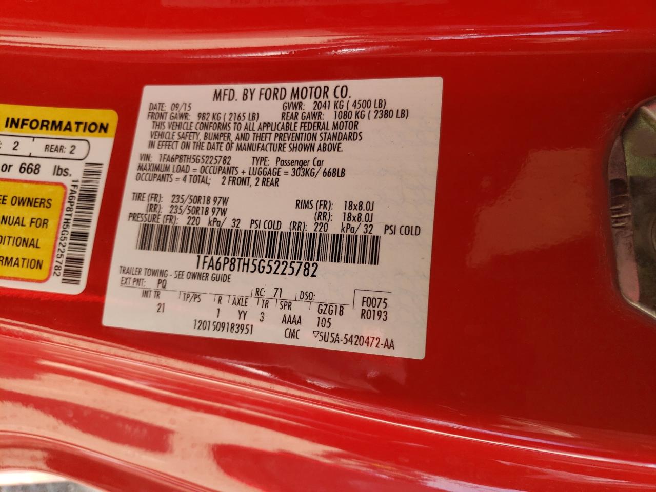 2016 Ford Mustang VIN: 1FA6P8TH5G5225782 Lot: 63098043