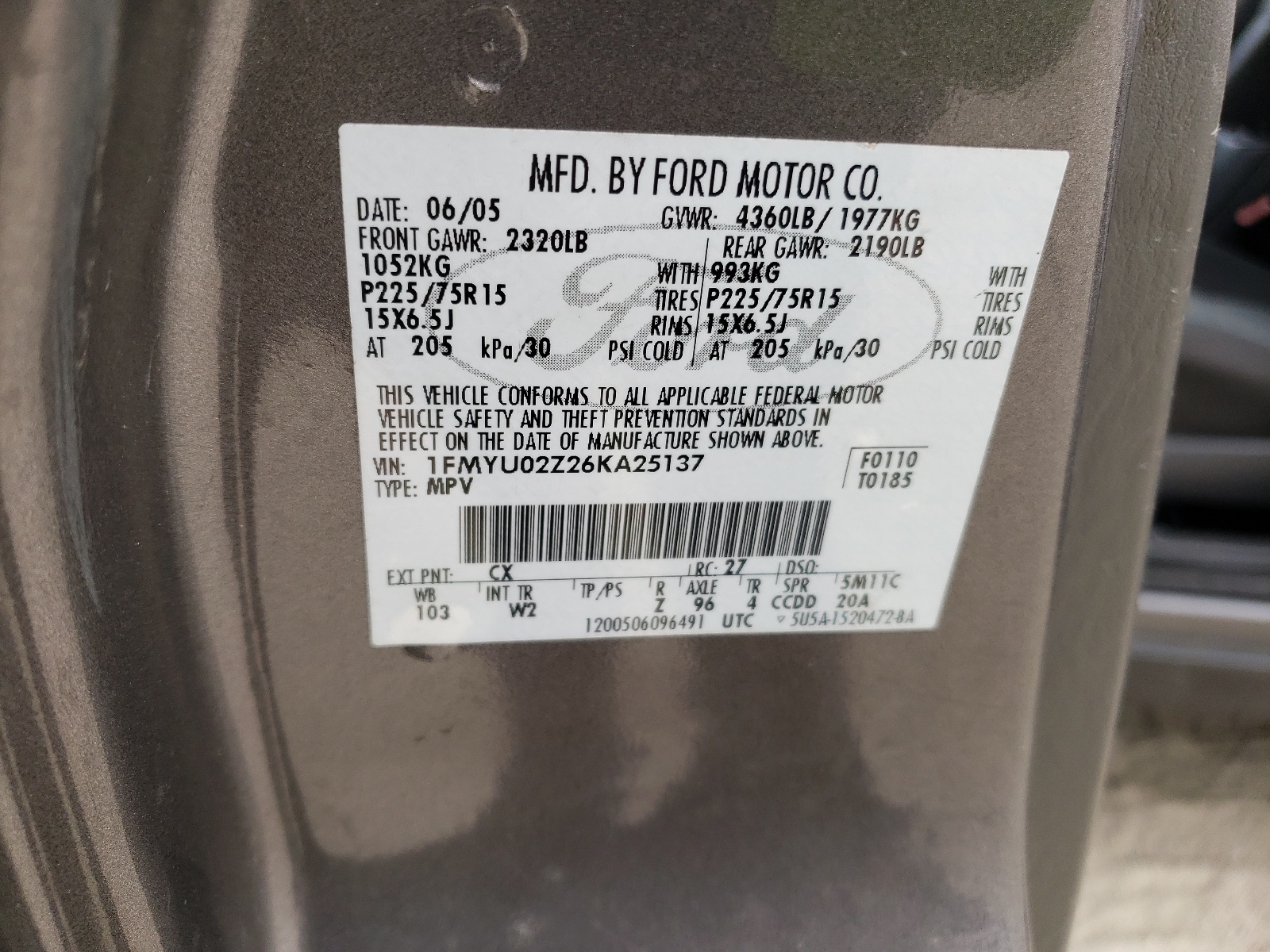 1FMYU02Z26KA25137 2006 Ford Escape Xls