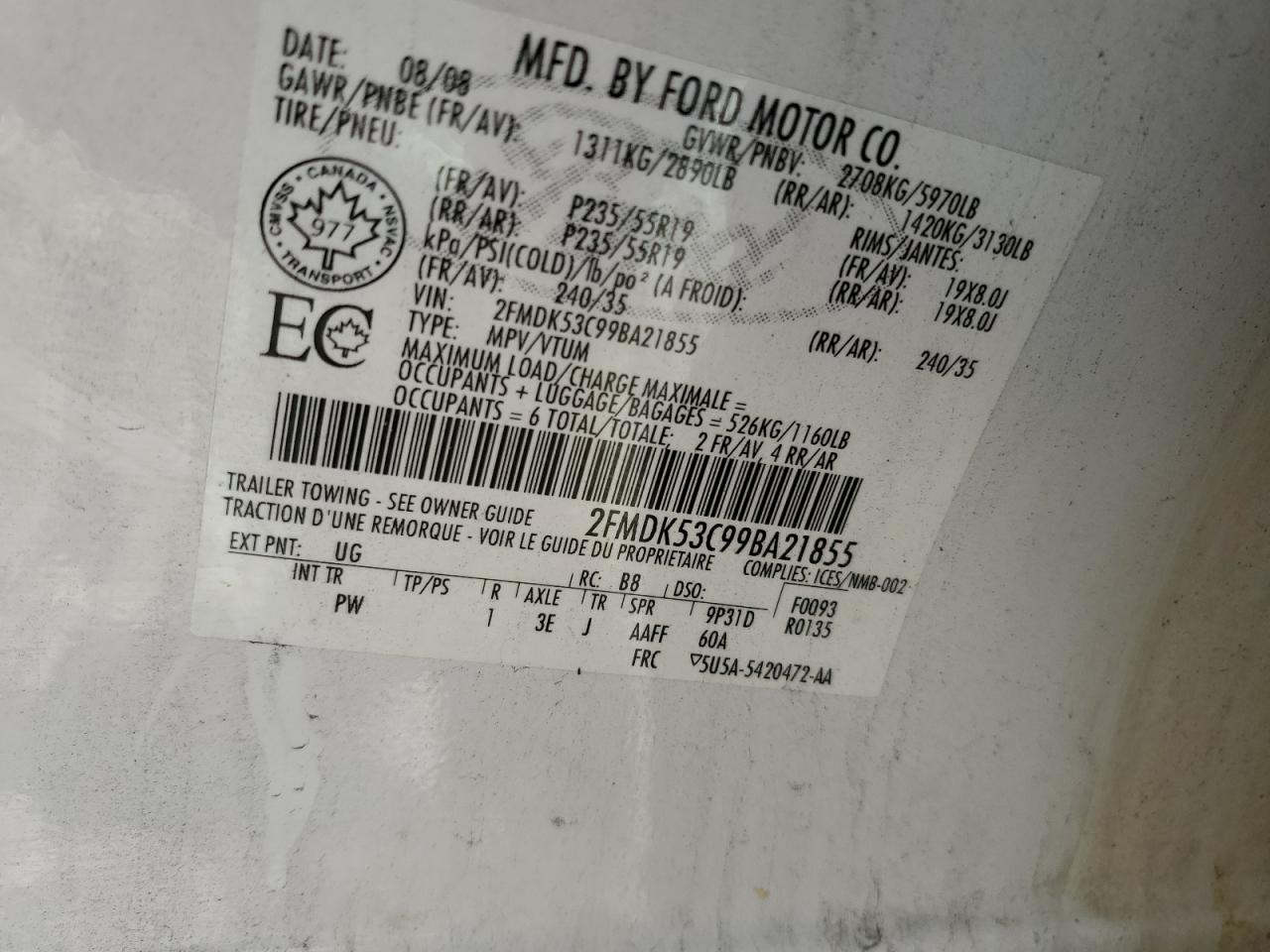 2009 Ford Flex Limited VIN: 2FMDK53C99BA21855 Lot: 63915093