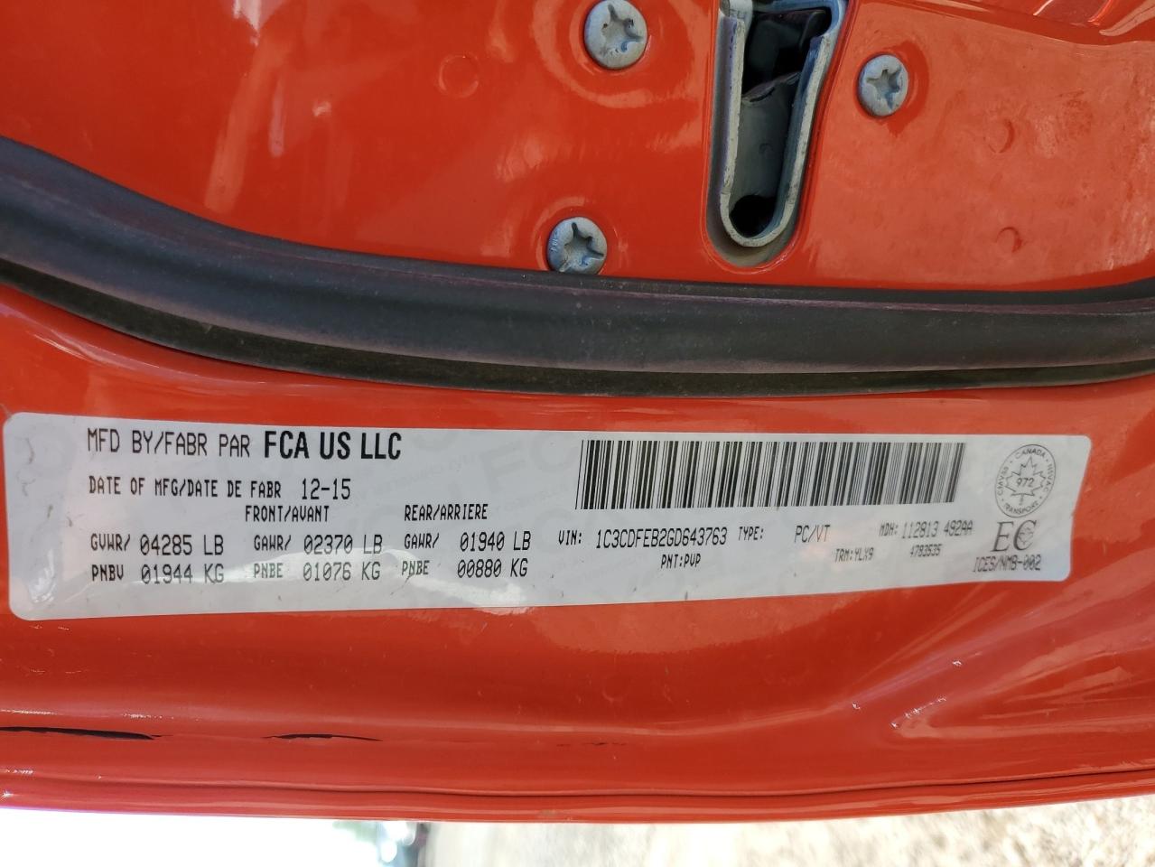 2016 Dodge Dart Gt VIN: 1C3CDFEB2GD643763 Lot: 61939355