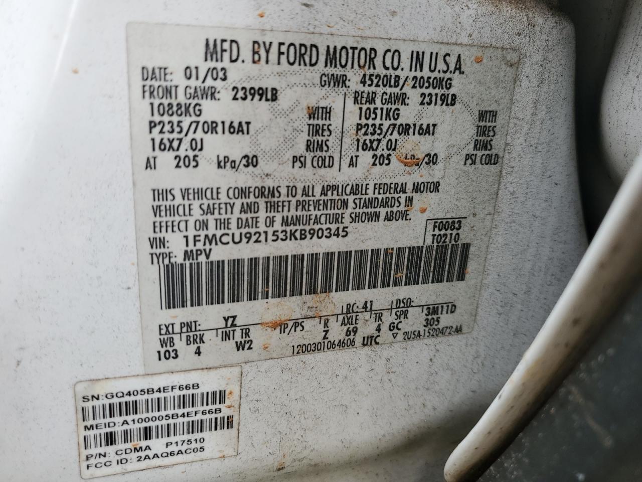 2003 Ford Escape Xls VIN: 1FMCU92153KB90345 Lot: 65707873