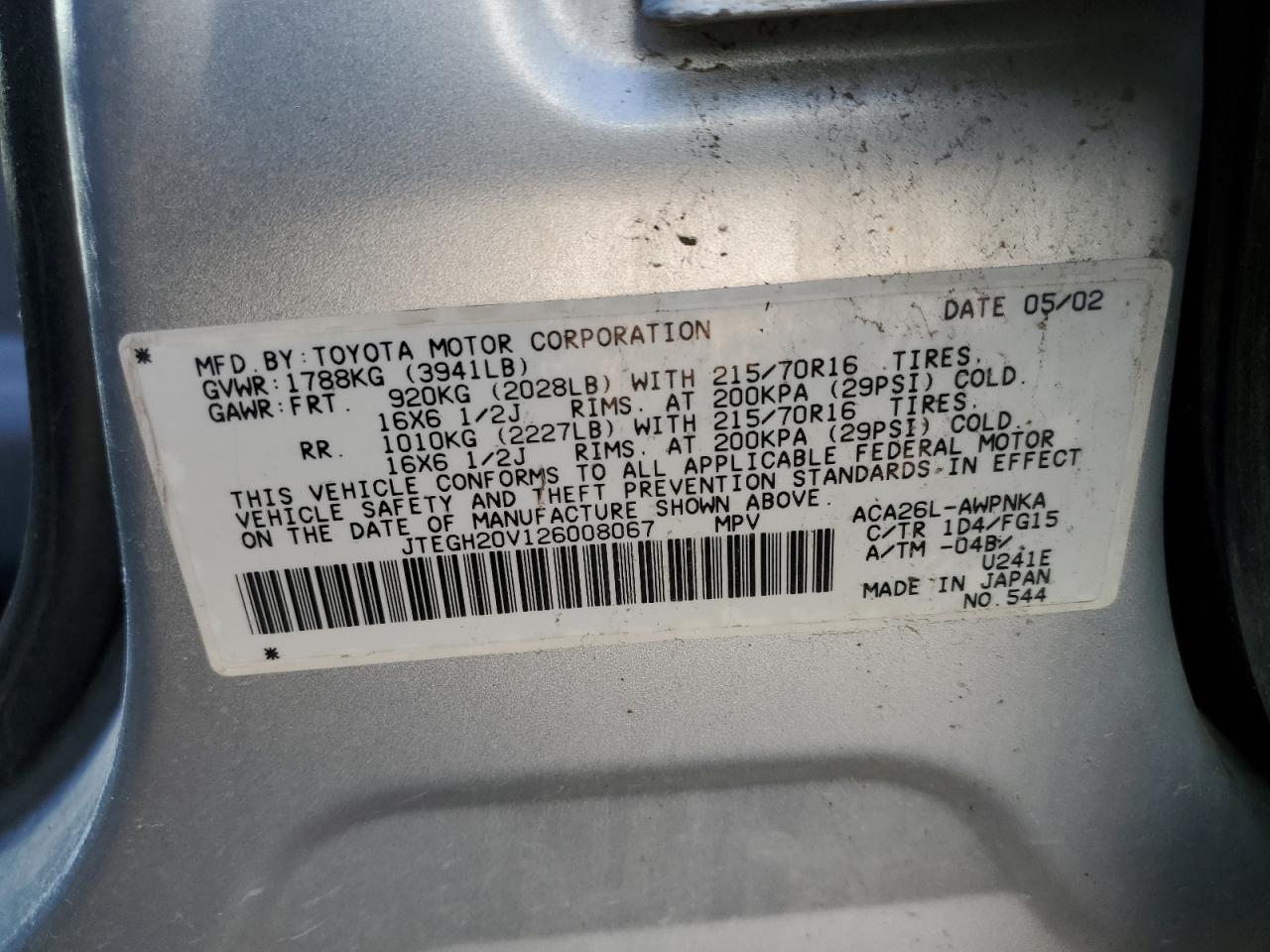 2002 Toyota Rav4 VIN: JTEGH20V126008067 Lot: 62772623