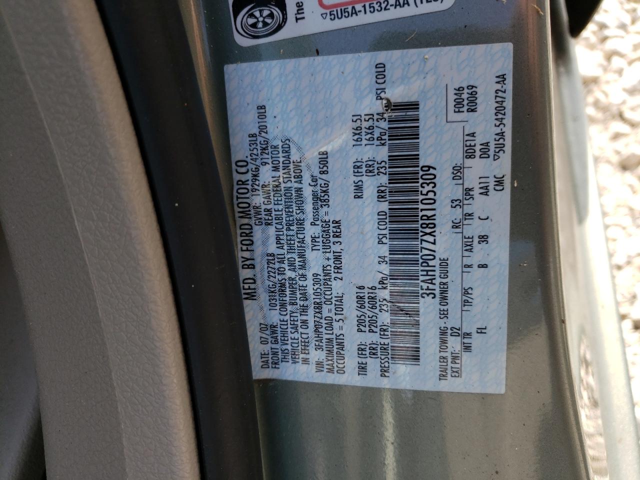 2008 Ford Fusion Se VIN: 3FAHP07ZX8R105309 Lot: 41282974