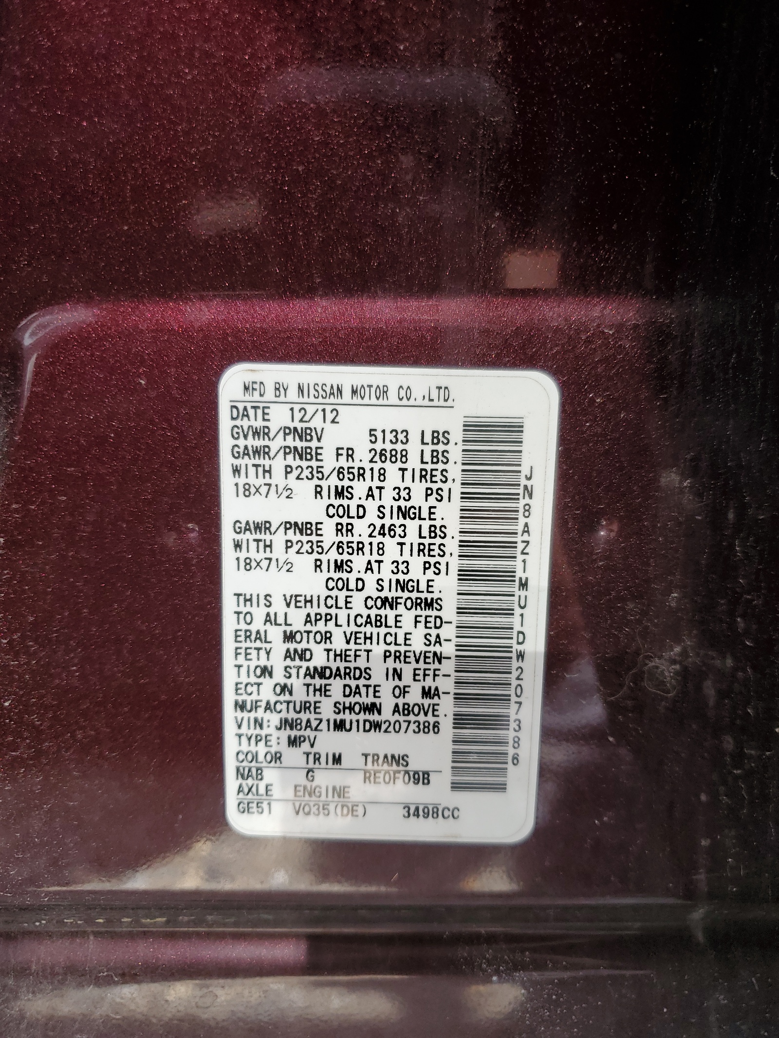 JN8AZ1MU1DW207386 2013 Nissan Murano S