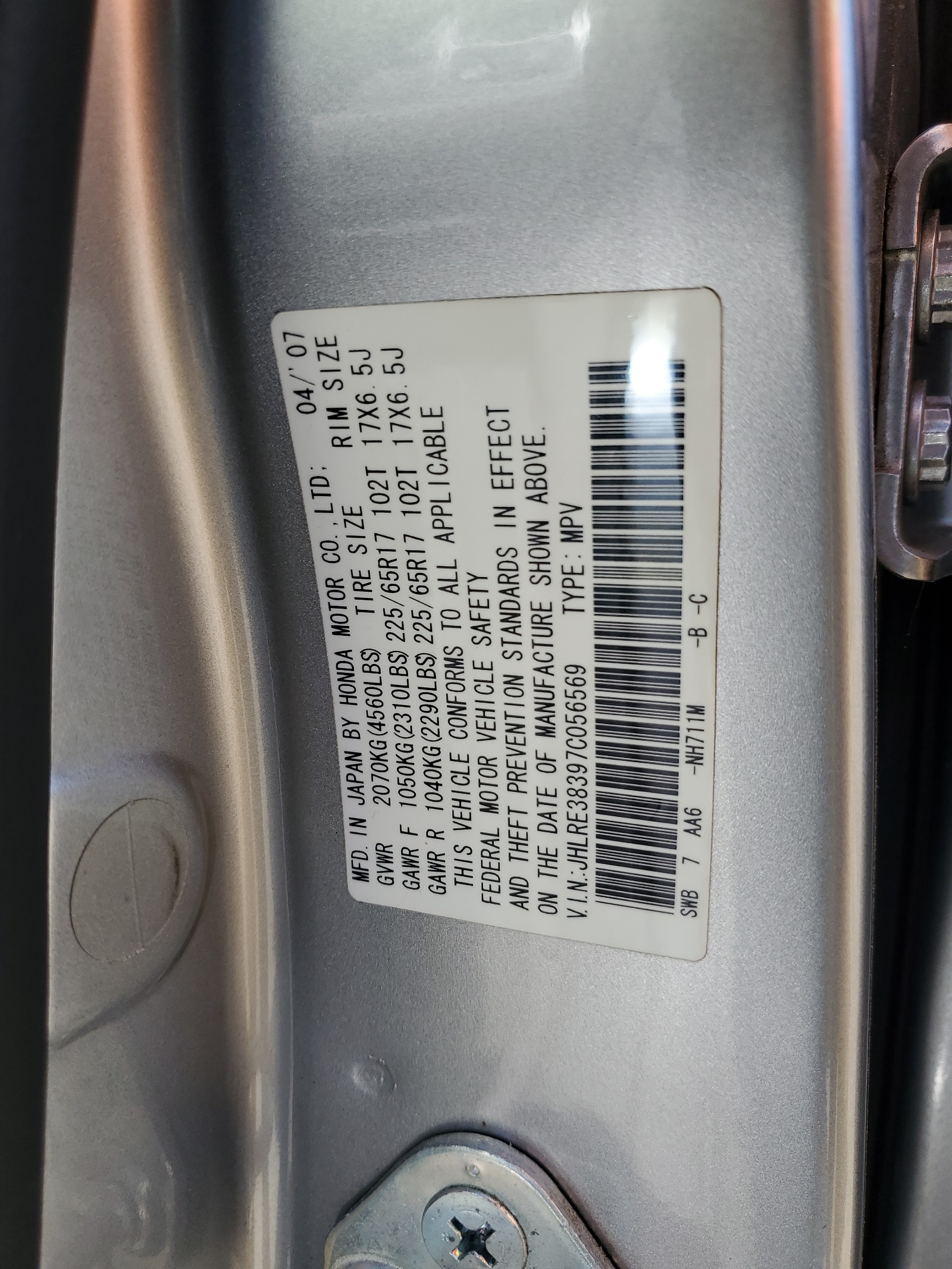 JHLRE38397C056569 2007 Honda Cr-V Lx