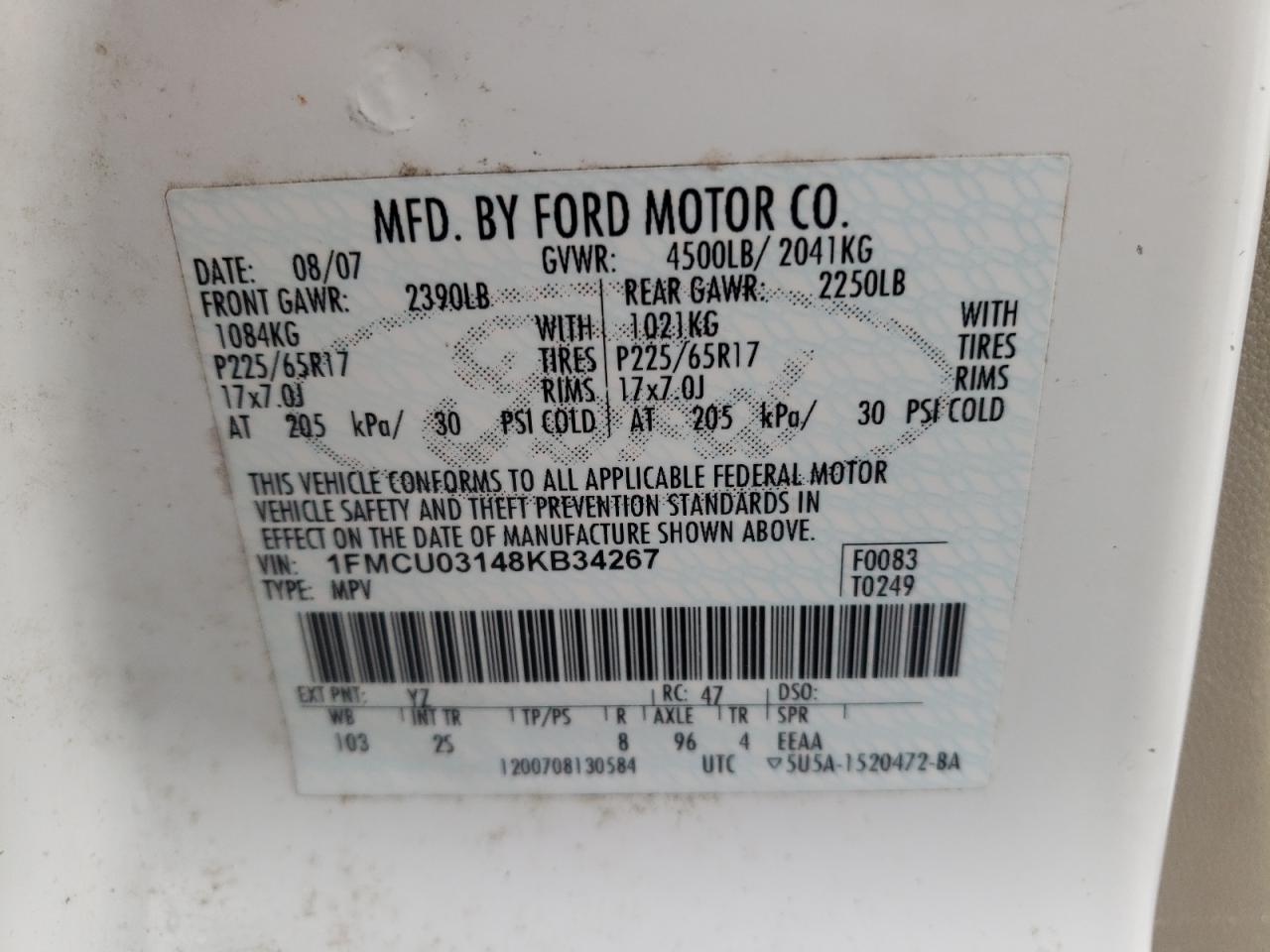 2008 Ford Escape Xlt VIN: 1FMCU03148KB34267 Lot: 62865343