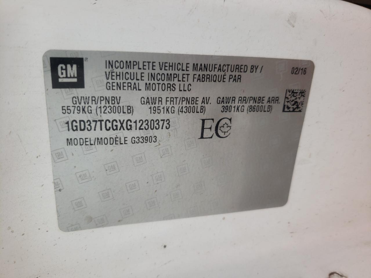2016 GMC Savana Cutaway G3500 VIN: 1GD37TCGXG1230373 Lot: 62732813