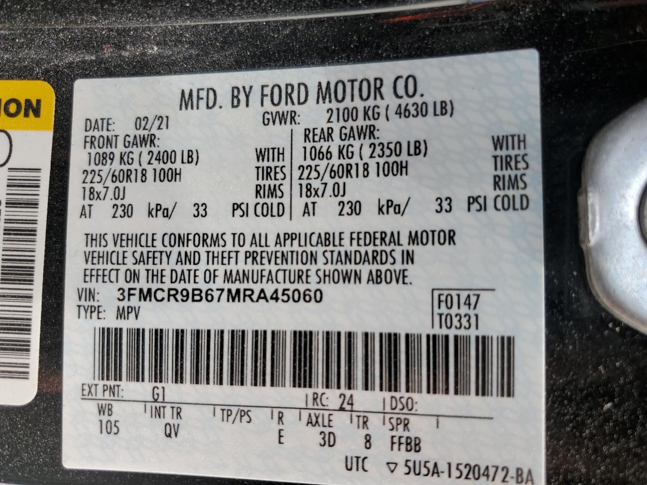 2021 Ford Bronco Sport Big Bend VIN: 3FMCR9B67MRA45060 Lot: 62420723